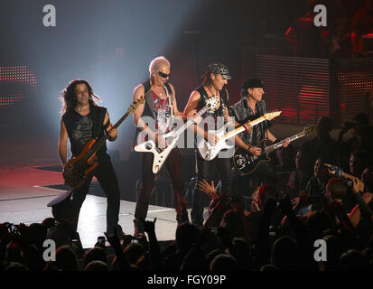 DNIPROPETROVSK, UKRAINE - OCTOBER 31, 2012: Members of Scorpions hard rock band play guitars on the stage Stock Photo