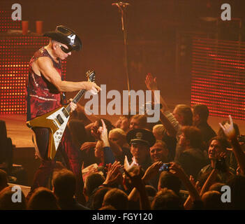 DNIPROPETROVSK, UKRAINE - OCTOBER 31, 2012: Rudolf Schenker communicates with fans on stage during 'Sting Tour 2012' concert Stock Photo