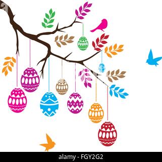 vector illustration of an Easter branch with eggs and birds Stock Vector