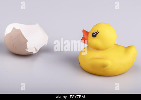 Beautiful yellow small plastic duck with egg isolated on a white background