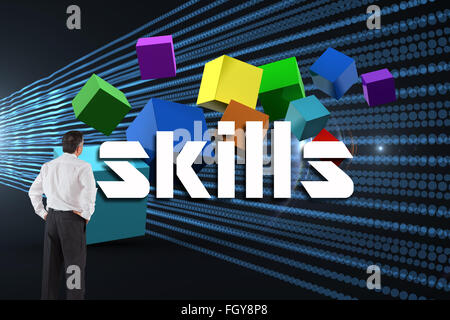 Skills against abstract shiny lines on black background Stock Photo