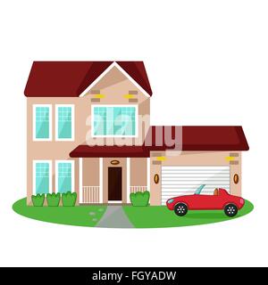 Isolated icon of house with garage and car Stock Vector