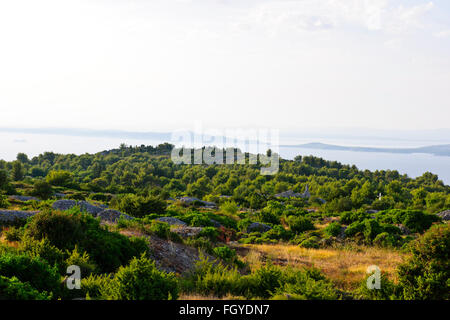 Hvar Island,Ancient Walled holdings,Lukavci,Scedro islands in the mist on approaches to Hvar town below,Dalmatian Coast,Croatia Stock Photo