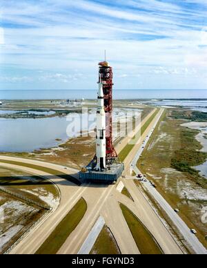 The Saturn V rocket carrying the Apollo 14 spacecraft on the way from the Vehicle Assembly by the crawler transporter to launch pad A at the Kennedy Space Center November 9, 1970 in Cape Canaveral, Florida. The Apollo 14 is a lunar landing mission to the moon.