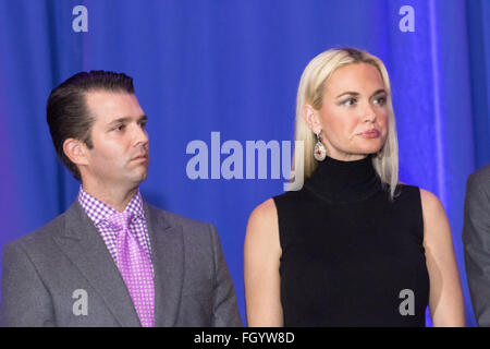 Donald Trump, jr. with wife Vanessa Trump as they celebrate the victory of billionaire and GOP presidential candidate Donald Trump in the South Carolina Republican primary February 20, 2016 in Spartanburg, South Carolina, USA . Stock Photo