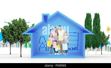 Composite image of happy family carrying shopping bags Stock Photo