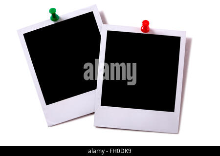 Two blank polaroid style instant camera photo prints Stock Photo