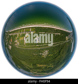 Aerial view, KDF Bad Prora, former resort of the Nazi Kraft durch Freude, with a sandy beach, fish-eye lens, Binz, Rügen, Stock Photo