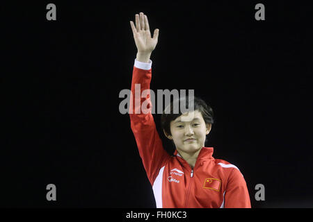 Rio De Janeiro, Brazil. 22nd Feb, 2016. China's gold medalist Ren Qian waves during the awards ceremony of women's 10m platform at the FINA Diving World Cup in Maria Lenk Acuatics Center in Rio de Janeiro, Brazil, on Feb. 22, 2016. Credit:  Rahel Patrasso/Xinhua/Alamy Live News Stock Photo