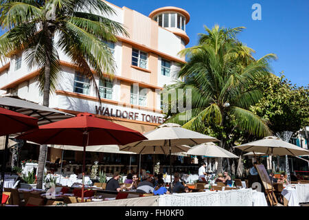 Miami Beach Florida,Ocean Drive,New Year's Day,hotel,lodging,hotels,Waldorf Tower,restaurant restaurants food dining cafe cafes,al fresco sidewalk out Stock Photo