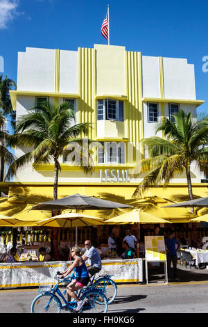 Miami Beach Florida,Ocean Drive,New Year's Day,hotel,lodging,hotels,Leslie,restaurant restaurants food dining cafe cafes,al fresco sidewalk outside ta Stock Photo