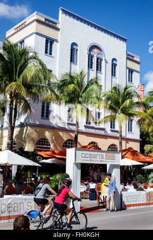 Miami Beach Florida,Ocean Drive,New Year's Day,hotel,lodging,hotels,restaurant restaurants food dining cafe cafes,al fresco sidewalk outside tables,Oc Stock Photo