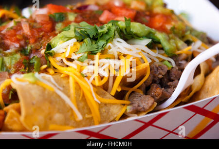 A close-up shot of a plate with delicious mexican style nachos with carne asada topped with guacamole and fresh salsa Stock Photo