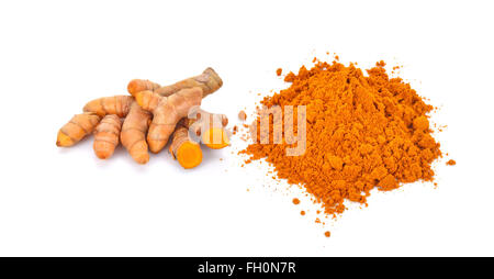 turmeric powder with turmeric root isolated on white Stock Photo