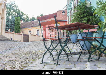 Street cafe in Sighisoara, Romania Stock Photo