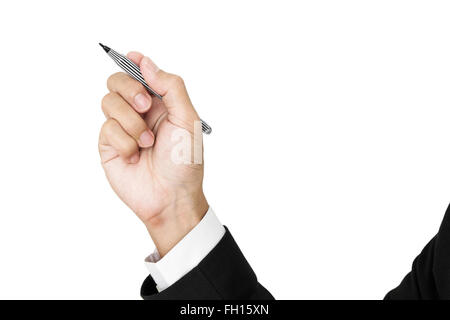 Businessman holding pen in writing position to screen, selective focus, isolated on white background Stock Photo