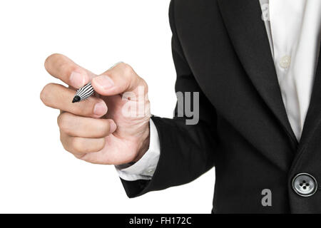 Businessman holding pen in writing position to screen, selective focus, isolated on white background Stock Photo