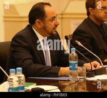 Kabul, Afghanistan. 23rd Feb, 2016. Afghan Foreign Minister Salahuddin Rabbani (L) speaks during the four-nation talks on Afghan peace process in Kabul, Afghanistan, Feb. 23, 2016. The fourth round of the key Quadrilateral meeting on Afghan peace process and preparing roadmap to find political solution to the lingering Afghan crisis kicked off in Afghan capital Kabul on Tuesday. Credit:  Rahmat Alizadah/Xinhua/Alamy Live News Stock Photo