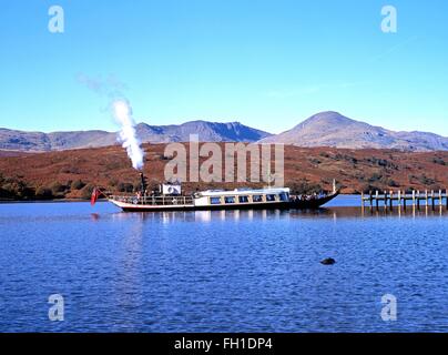 Steam yacht gondola on the lake, Coniston Water, Lake District, Cumbria, England, UK, Western Europe. Stock Photo