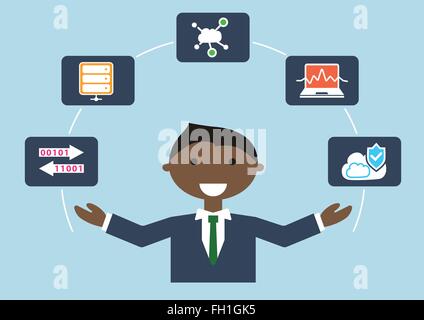 IT job profile vector illustration of business person. IT expert for cloud computing and infrastructure Stock Vector
