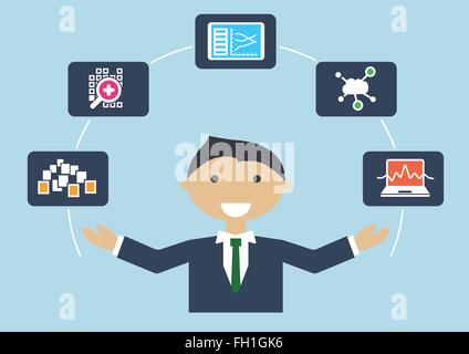 Vector Illustration of IT expert with job profile of a big data scientist or data analyst Stock Vector