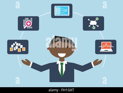 Vector Illustration of IT expert with job profile of a big data scientist or data analyst Stock Vector
