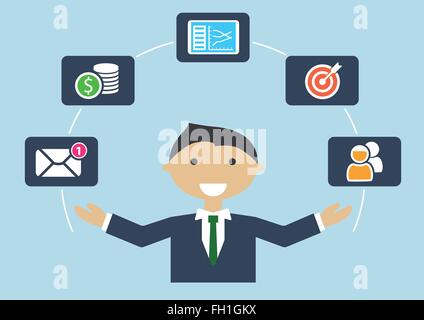 People at work: person multitasking various activities visualized by cartoon character juggling items like email, budget, target Stock Vector