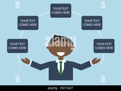 Vector illustration of happy dark skin business man in suite spreading his arms. Infographic template with text Stock Vector