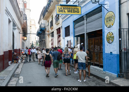 Havana, Cuba - 6 january 2016 - People walking and taking pictures in front of La Bodeguita del Medio restaurant in Old Havana, Stock Photo
