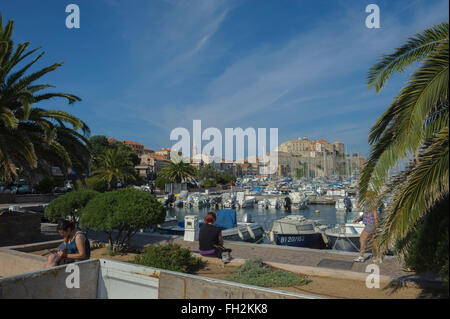 View across the marina and citadel. Calvi. Corsica. France. Europe Stock Photo