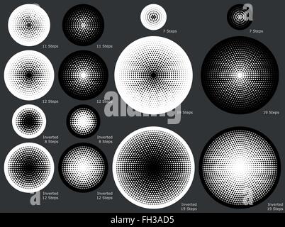 Solid and dotted radial gradient backgrounds in various gradual steps Stock Vector