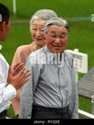Japanese Emperor Akihito and his wife Empress Michiko visit the International Rice Research Institute and view the Ziegler Experiment Station January 29, 2016 in Taguig City, The Imperial Couple are on a five-day state visit marking the 60th anniversary of Philippine-Japanese diplomatic relations. Stock Photo