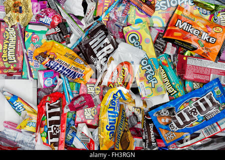 Colourful assorted childrens retro american sweets and candy empty packets