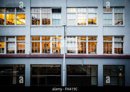 Old Facade of a building with windows, Seattle, Washington State Stock Photo