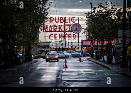 People walking in front of Seattle's Pike Place Market Stock Photo
