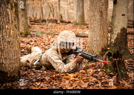 Candidates assigned to Delta Company, Officer Candidates Class-221, are evaluated as members of a fire team during the Small Unit Leadership Evaluation 1 at Brown Field, Marine Corps Base Quantico, Va., on Feb. 22, 2016. The mission of Officer Candidates School (OCS) is to 'educate and train officer candidates in Marine Corps knowledge and skills within a controlled, challenging, and chaotic environment in order to evaluate and screen individuals for the leadership, moral, mental, and physical qualities required for commissioning as a Marine Corps officer.' Stock Photo