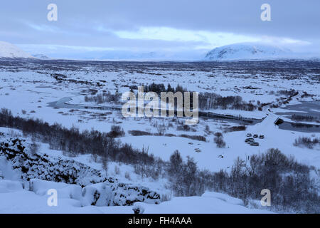 Winter snowy view over Pingvellir National Park, UNESCO World Heritage Site, South western Iceland, Europe. Stock Photo