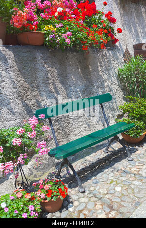 Green bench on cobbled street by old stone wall, surrounded by hanging geranium plants and flowers in pots Stock Photo