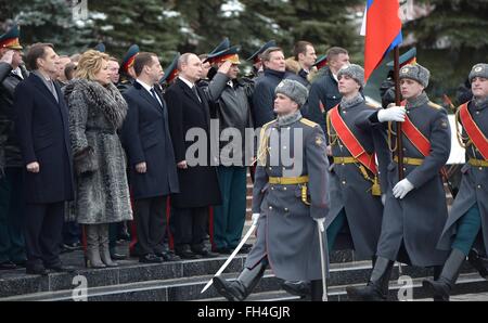 Moscow, Russia. 23rd February, 2016. Russian President Vladimir Putin reviews the honor guard during a ceremony at the Tomb of the Unknown Soldier marking Defenders of the Fatherland Day in Red Square February 23, 2016 in Moscow, Russia. Standing with Putin are: Chief of Staff of the Presidential Sergei Ivanov, Prime Minister Dmitry Medvedev, Federation Council Speaker Valentina Matviyenko, Defence Minister Sergei Shoigu, State Duma Speaker Sergei Naryshkin, Constitutional Court President Valery Zorkin. Credit:  Planetpix/Alamy Live News Stock Photo