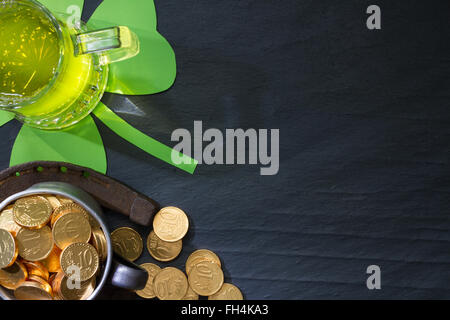 St. Patrick's Day green beer and horseshoe abstract background Stock Photo