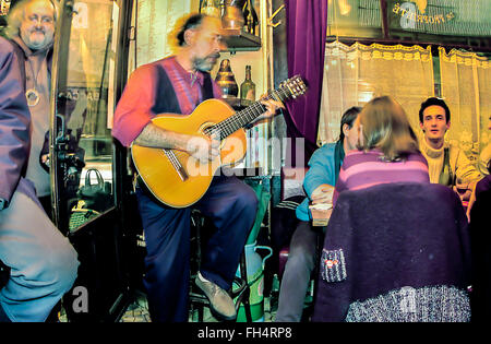 PARIS, France, Live Music Performance inside French Bistro Restaurant, Wine Bar 'Les Pipos' in Latin Quarter, interior bistrot, local neighborhood bar interior Stock Photo