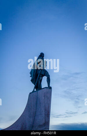 Statue of Leif Eriksen who discovered America outside the Hallgrimskirka Church in Reykjavik, Iceland Stock Photo