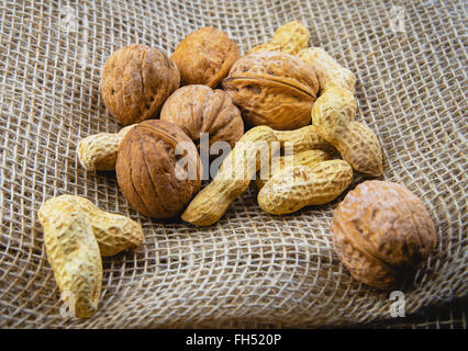 walnuts on sacking Stock Photo