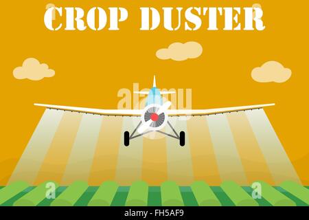 Crop duster airplane spraying a farm field. Vector illustration. Stock Vector