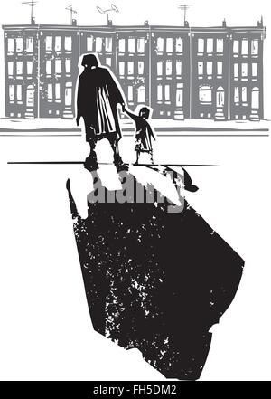Woodcut style expressionist image of an elderly woman walking in hand with a child in front of row homes Stock Vector