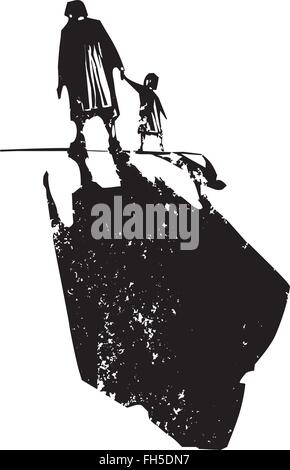 Woodcut style expressionist image of an elderly woman walking in hand with a child. Stock Vector