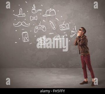 Funny hipster guy shouting drawn items Stock Photo