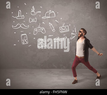 Funny hipster guy shouting drawn items Stock Photo