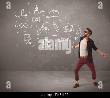 Funny hipster guy shouting drawn items Stock Photo