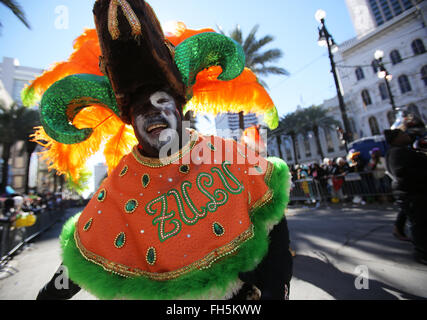 New Orleans, LOUISIANA, USA. 9th Feb, 2016. A marcher in the Krewe of Zulu parade on February 09, 2016 in New Orleans, Louisiana, USA. New Orleans is celebrating Fat Tuesday, the last day of Mardi Gras. © Dan Anderson/ZUMA Wire/Alamy Live News Stock Photo